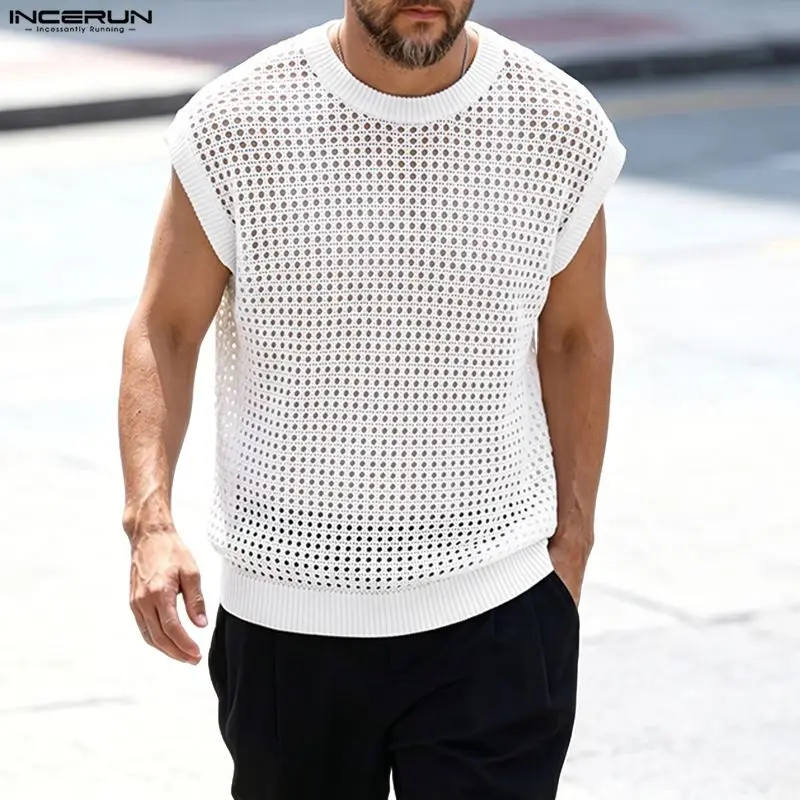 INCERUN Men's Tank Tops Solid Hollow Out O-neck Sleeveless Male Vests Summer Streetwear Loose Fashion Casual Tops Men Clothes