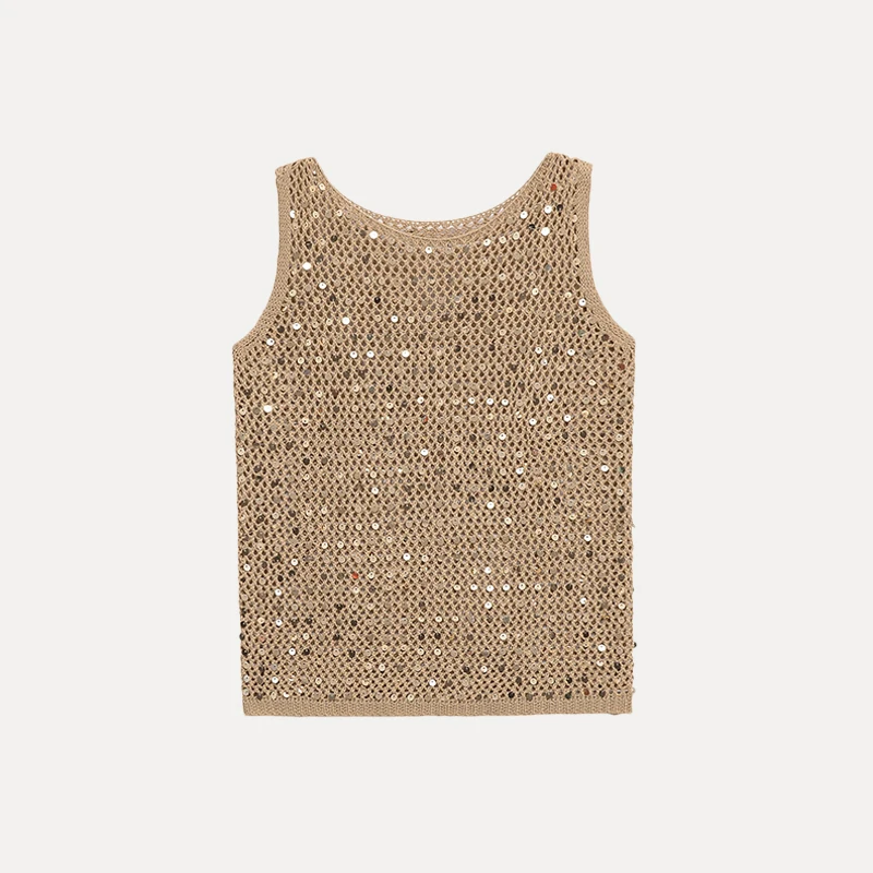 بلوزة نسائية أنيقة مزينة بالترتر بتصميم مفرغ من زاداتا، تصميم أصلي من ألياف البوليستر بقصة مستقيمة قطعة واحدة لصيف 2025