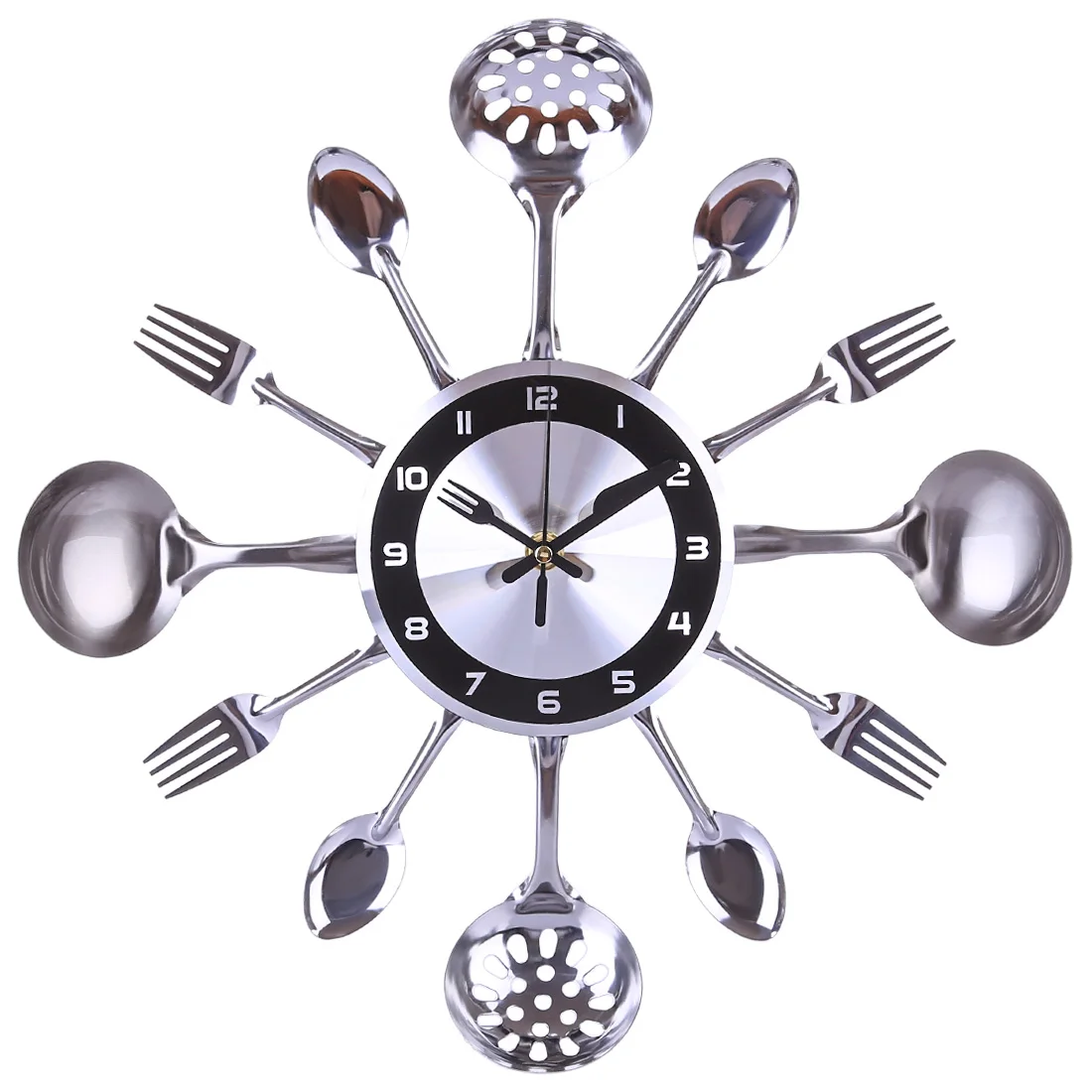 31-41cm Stainless Steel Kitchen Spoon Fork Clock Silent Wall Clock Living Room Decor Mediterranean Style Home Decoration- Silver