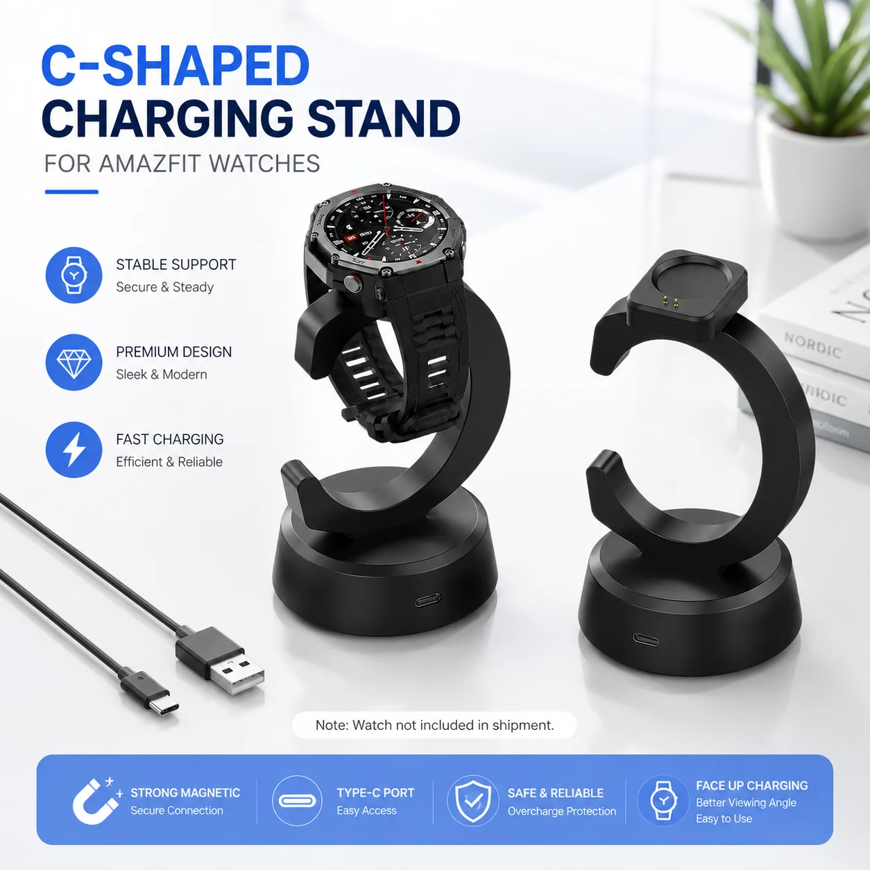 Charging Dock Charger for Huami Amazfit T-Rex 3/T-Rex3 Pro/Balance/Balance 2/ Active 3 Stand Charger Adapter Replace Watch Tools