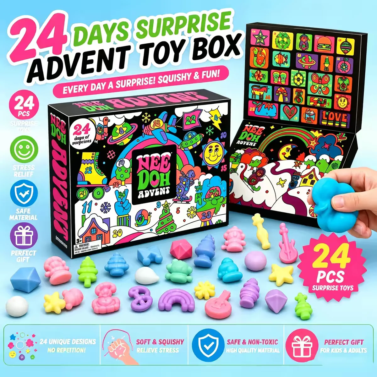 NeeDoh 2026 Christmas Advent Calendar, 3D PVC Fidget Doll Surprise Box, Countdown Stress Relief Toy, New Year Holiday Gift