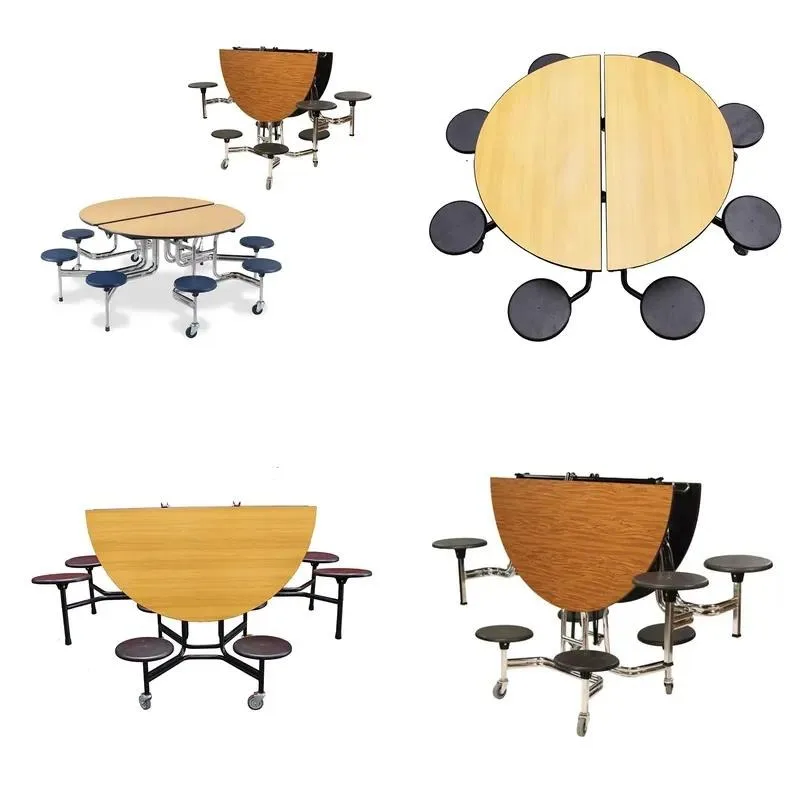 Cafeteria Folding Round Mobile Dining Table School Furniture 8 Seats School Cafeteria Dining Table Folding Chair with Wheels