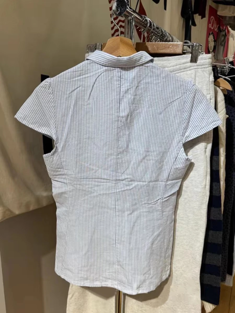 بلوزة نسائية صيفية مخططة باللون الأزرق الحلو ملابس خروج غير رسمية بأكمام قصيرة تي شيرت لطيف على طراز Preppy تي شيرت Y2K جديد