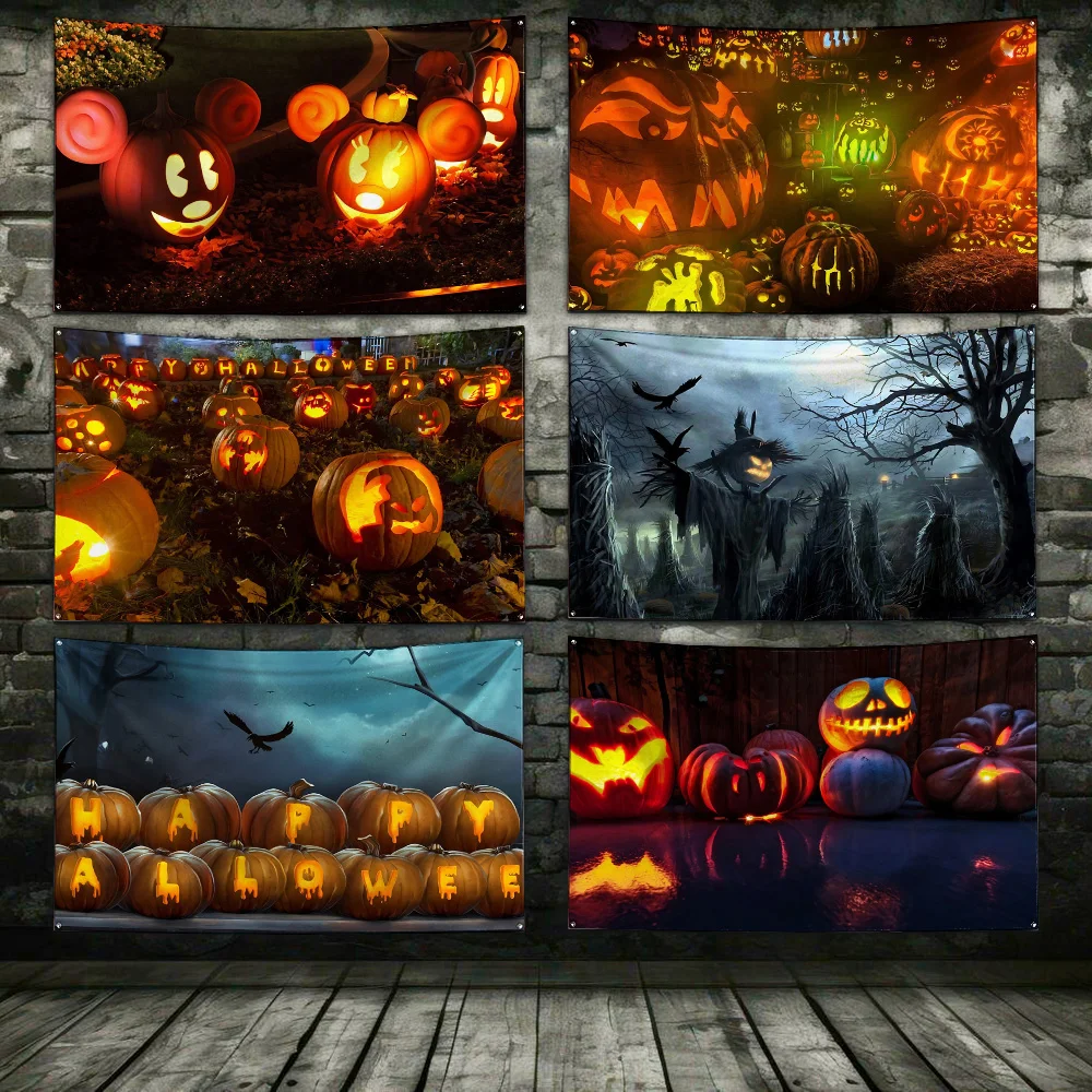 Halloween Flag Polyester Digital Printing Banner 4 Sizes for Garage Wall Art Out Door Decoration With Brass Grommets