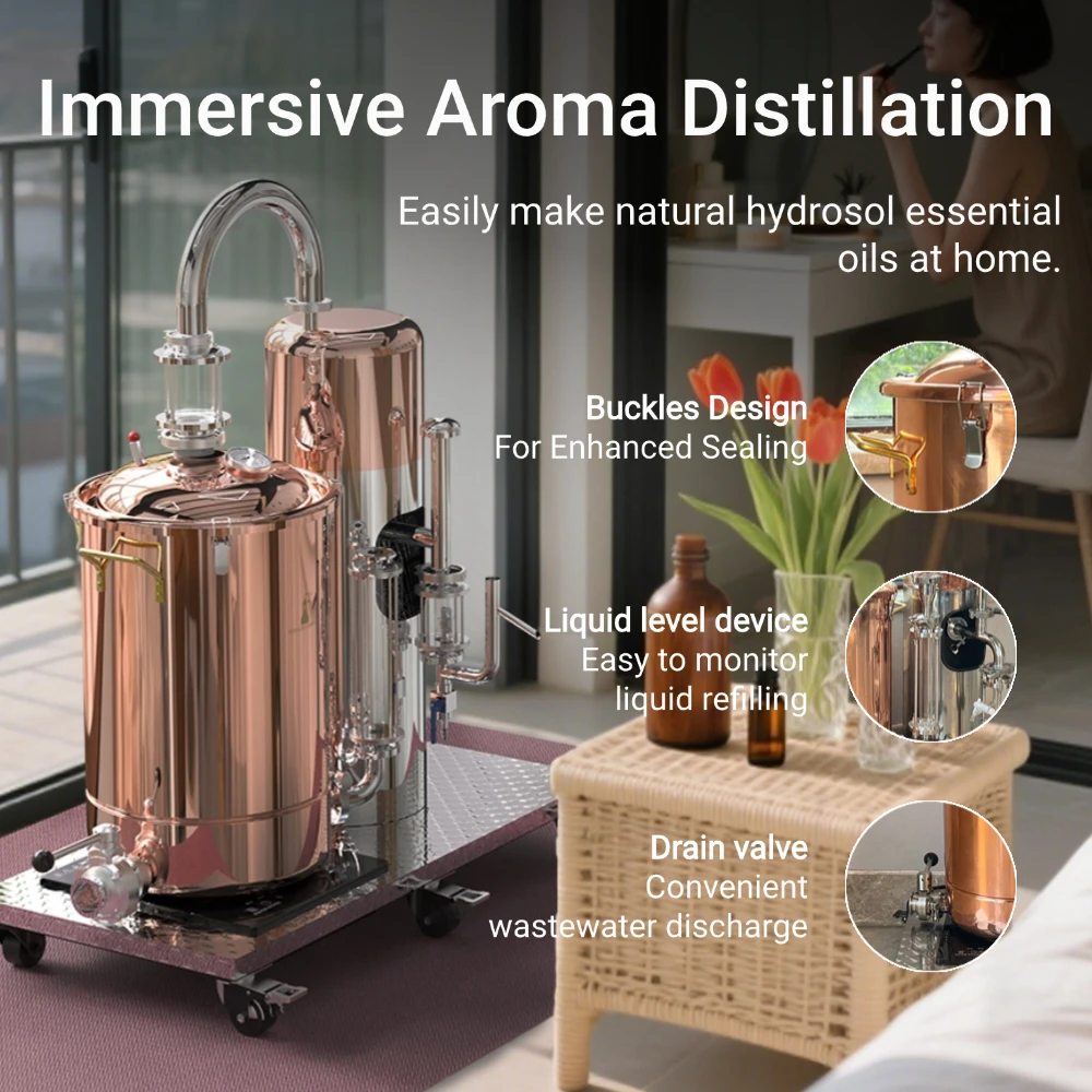 HOOLOO MOVE-30 جهاز تقطير هيدروسول/زيت أساسي لا يزال C10000 قطع منزلية من النحاس الأحمر متحركة مع منصة 2200 وات تسخين كهربائي #2
