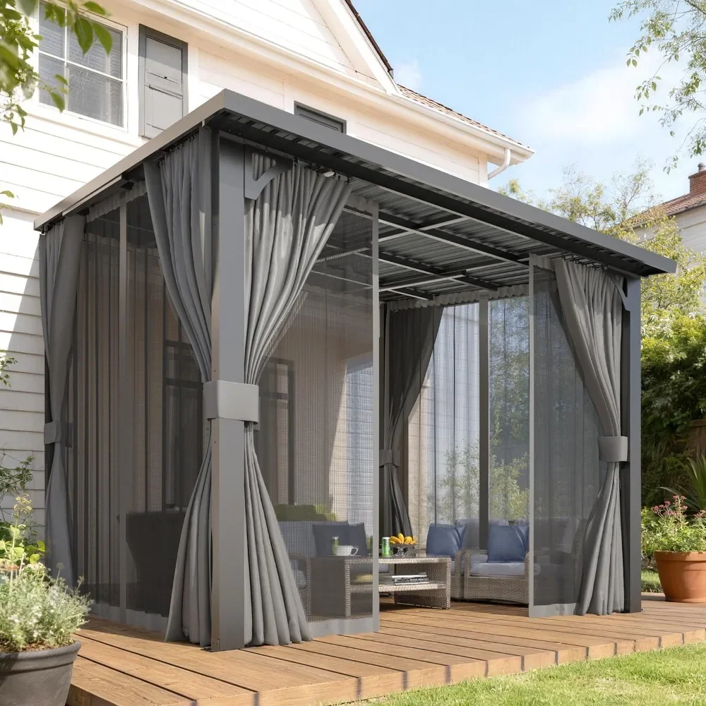 HOT 10x8 Outdoor Pergola Hardtop Gazebo with Curtains and Netting, Small Heavy Duty Lean to Metal Pergola and Grill