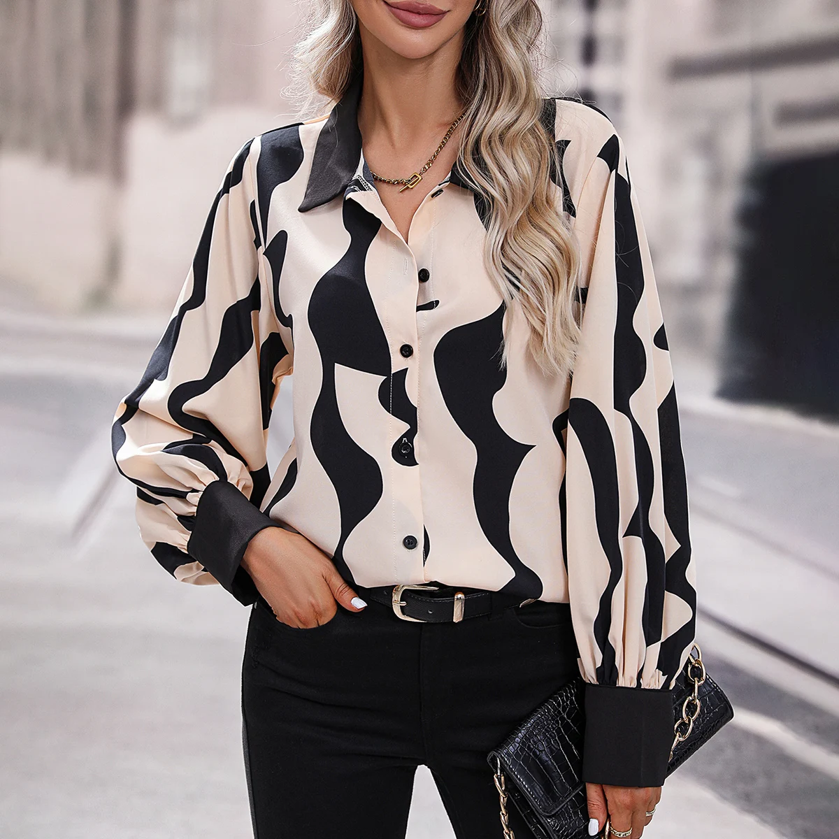 

Women's Abstract Geometric Print Shirt New Lapel Long Sleeve Woven Spotted Casual Tops Chic Button Up Autumn Loose Female Blouse