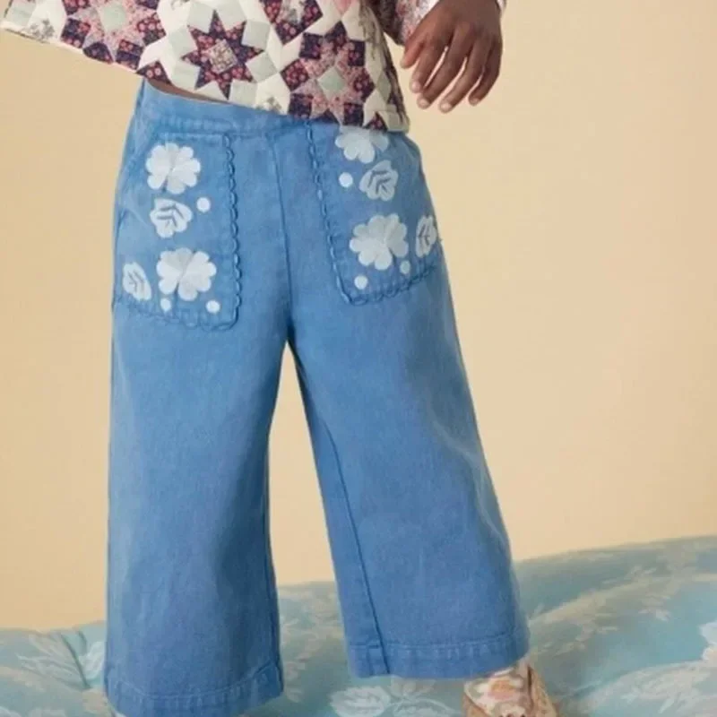 

2024 Girls' Pants Kids Children's Retro Western Style White Flower Jeans Straight Leg Wide Leg Pants Autumn and Winter Pants