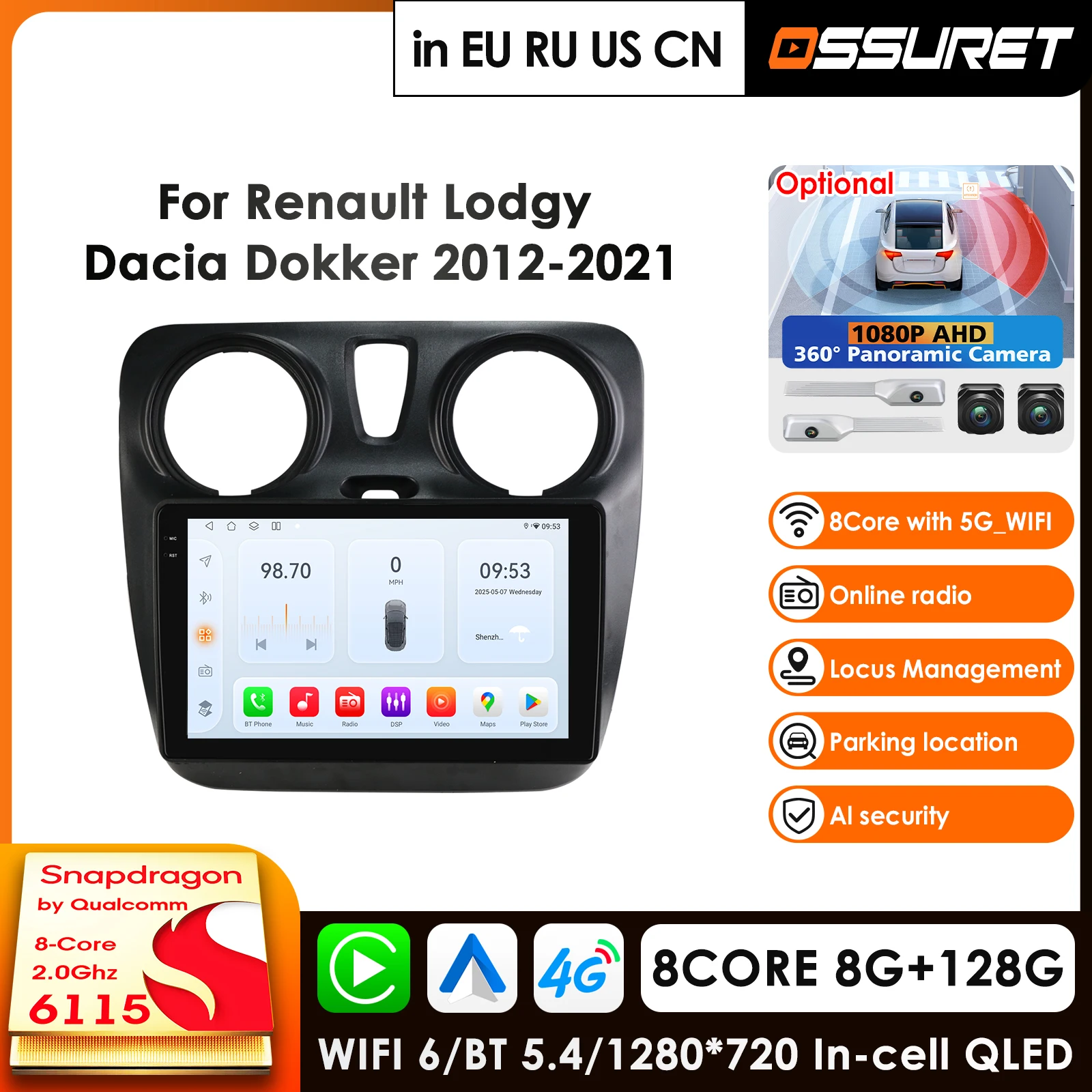 Carplay 4G AI Systems Android 14 Car Radio For Renault Dokker/Lodgy Dacia 2012-2021 Multimedia Video Player GPS 2din Autoradio