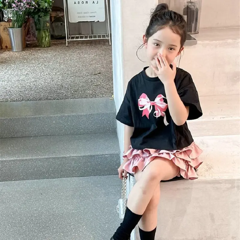Girls Set 2026 Spring Summer New Korean Version Bow Print Short Sleeved T-shirt Cake Skirt Fashionable Casual Daily Wear