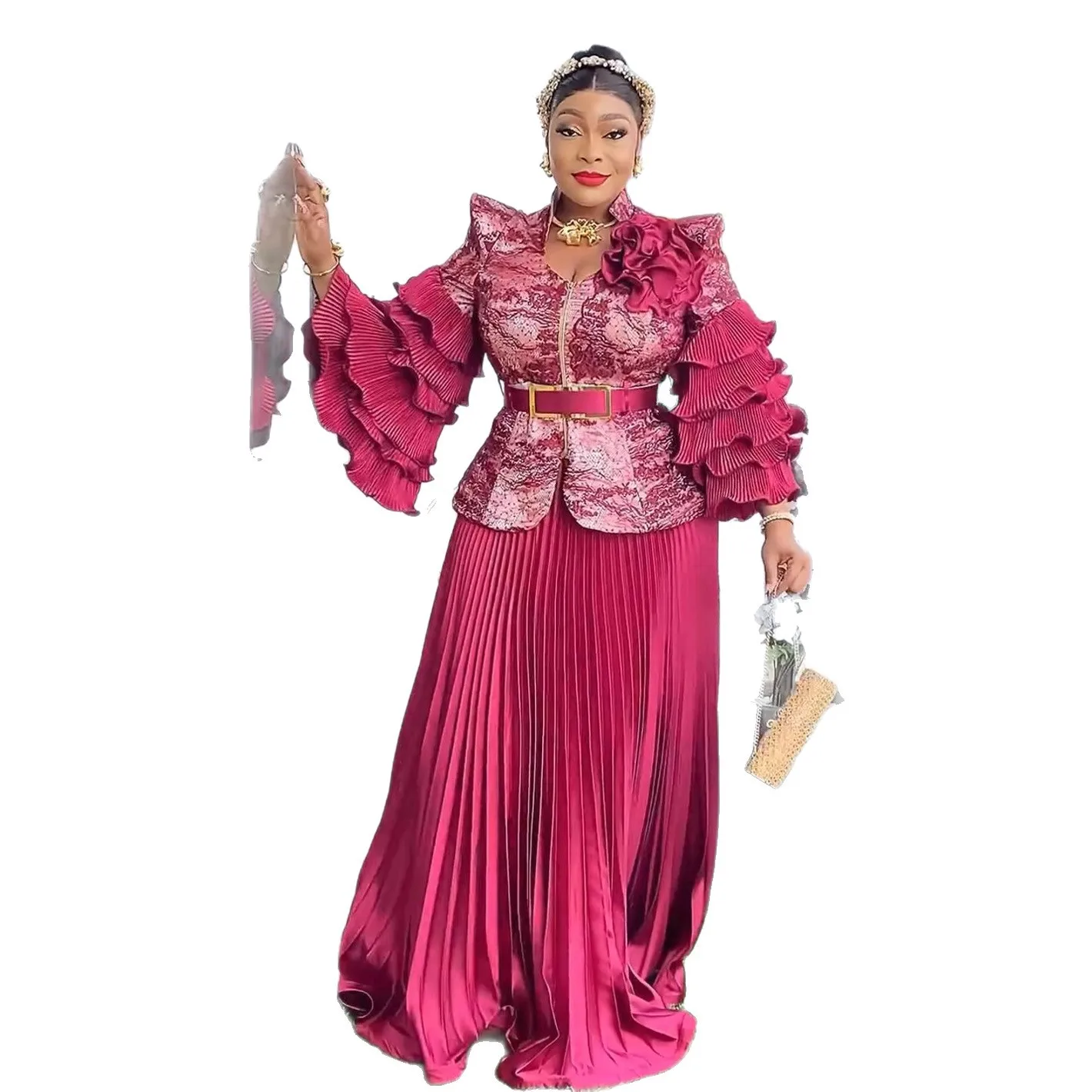 

Women Party Evening Dresses 2PCS Set Tops And Skirts Ruffle Sleeve African Dashiki Wedding Prom Gown Africa Clothing Outfits