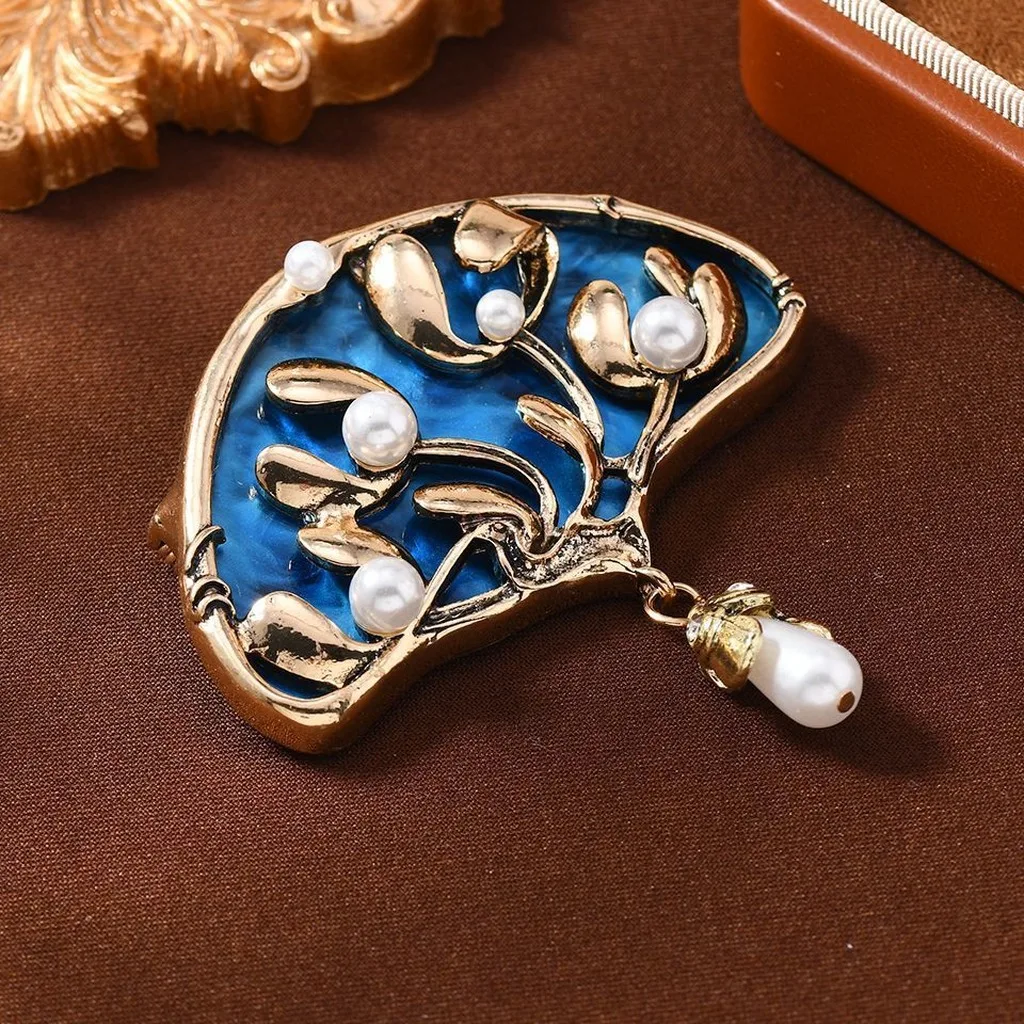 Vintage Blue Fan Brooch Seaweed Pattern Fan Brooches Or Men Women Fashion Pins Jewelry Accessories For Sweater Blazer Daily Wear