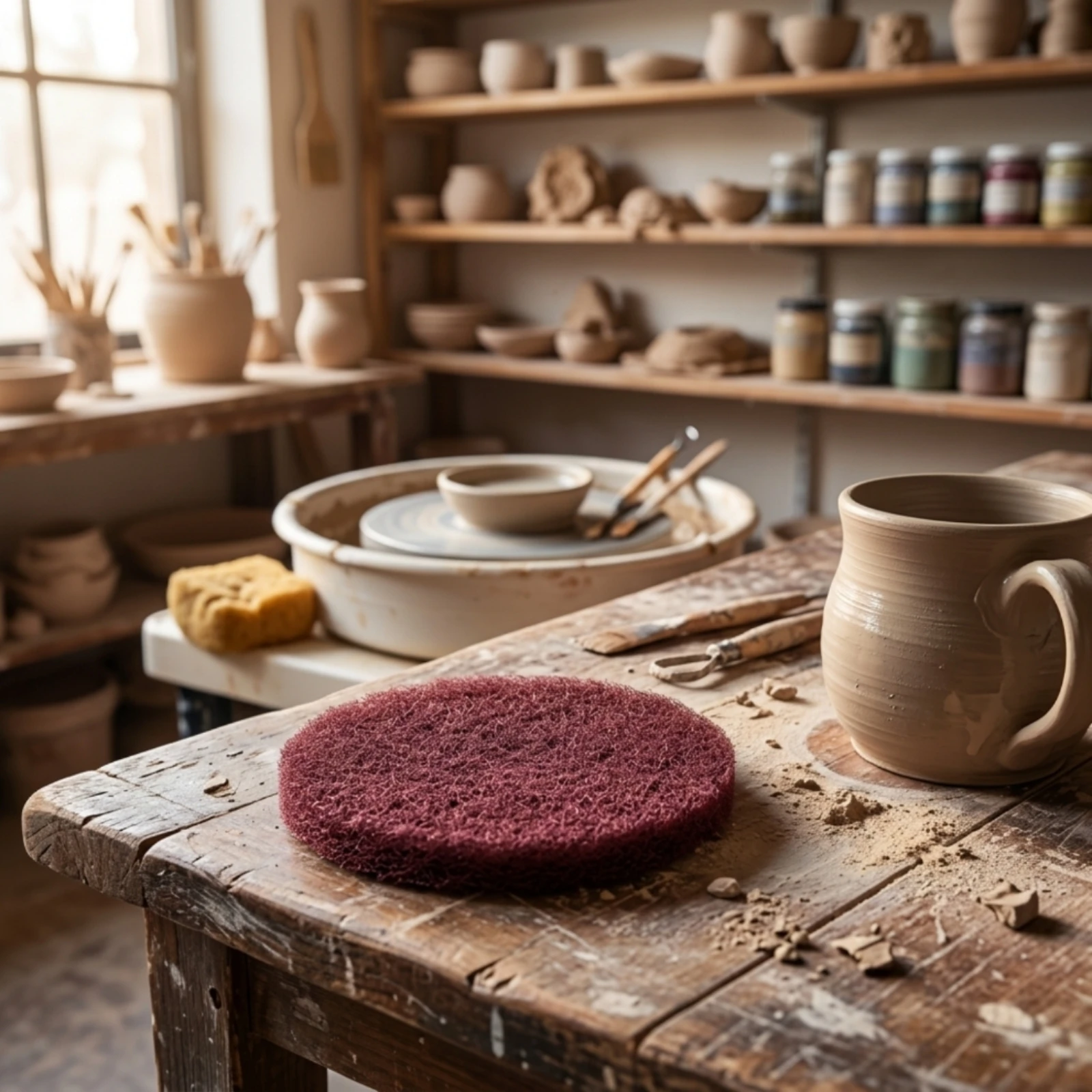 Pottery Sanding Pad Flexible Abrasive Cotton Pad Nonwoven Abrasive Sheet Fibrous Round for Potters, Ceramic Classrooms