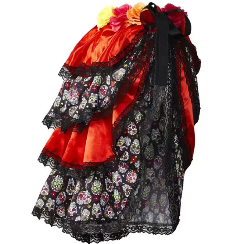 Halloween Skeleton Sugar Skull Flower Tutu Irregular Skirt Day of The Dead Ghost Bride Zombie Vampire Cosplay Costume