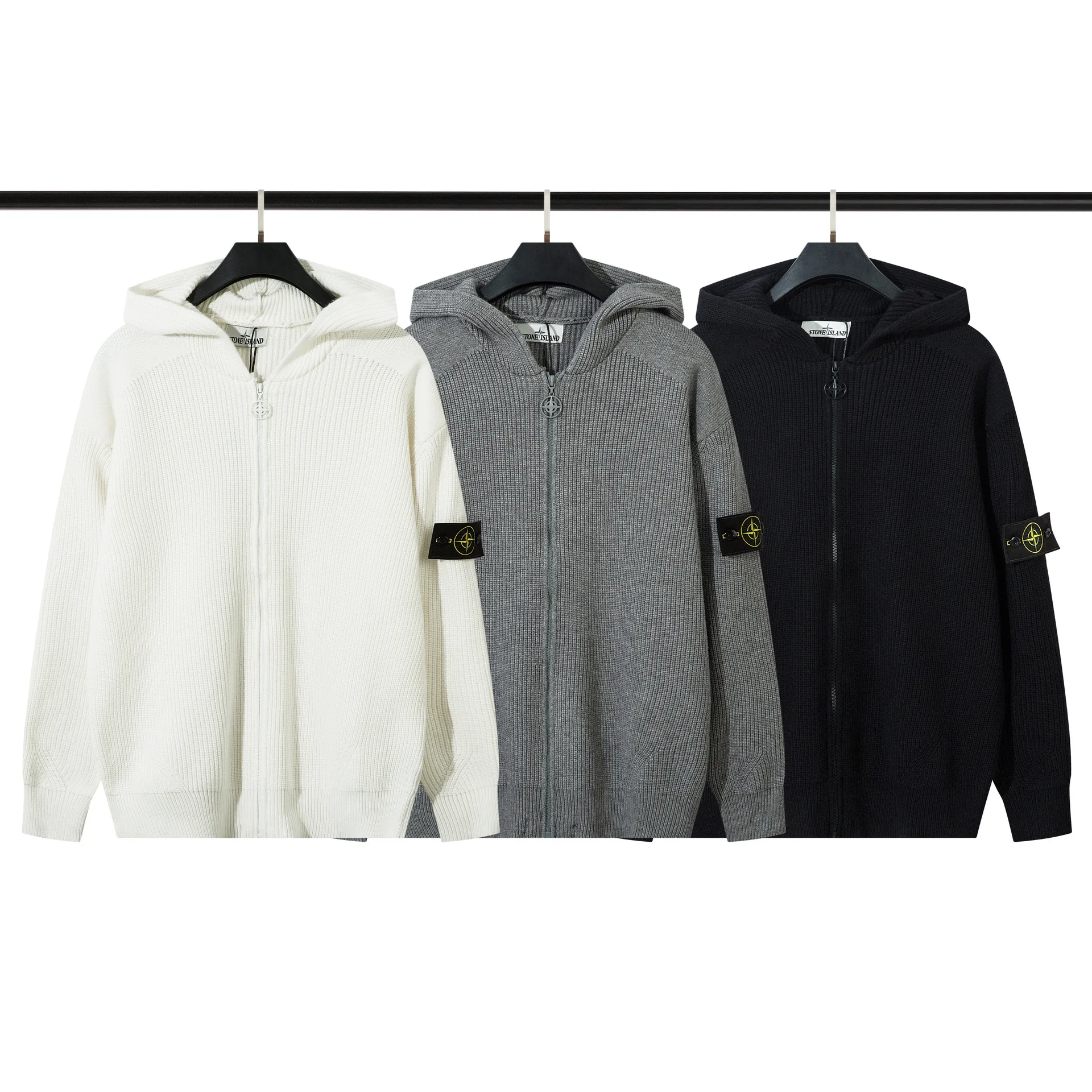 StoneIsland Zipper open chest hooded knit sweater for couples