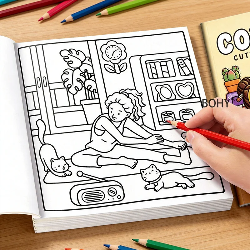 1 Healing Life Coloring Book, Include 48 Pages of Warm Daily Life Theme Coloring Line Drafts,Adults Can Relieve Emotional Stress