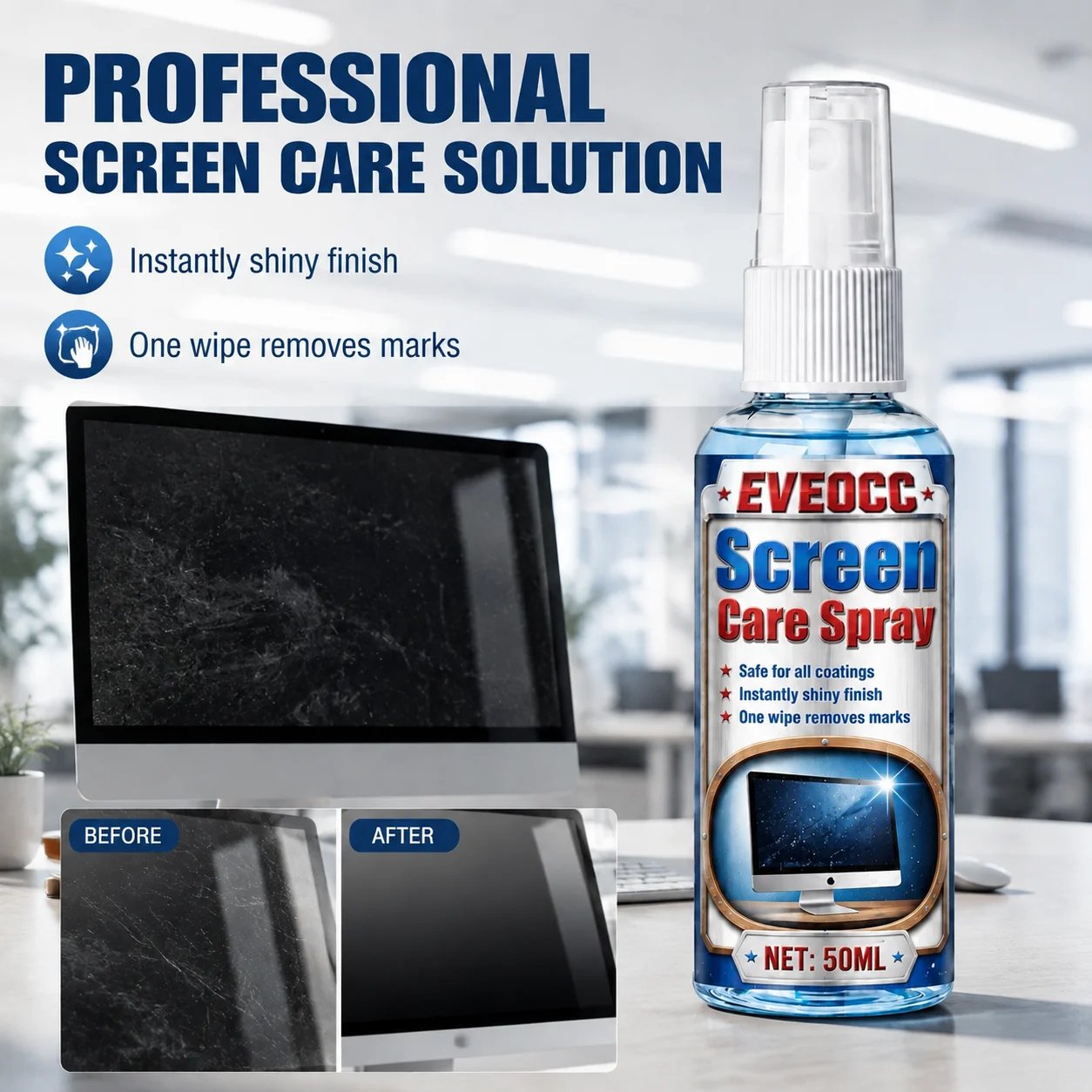 Multi-Device Screen Care Spray EVEOCC, Anti-Fingerprint Cleaning Spray Restores Clear View for All Screen Surfaces