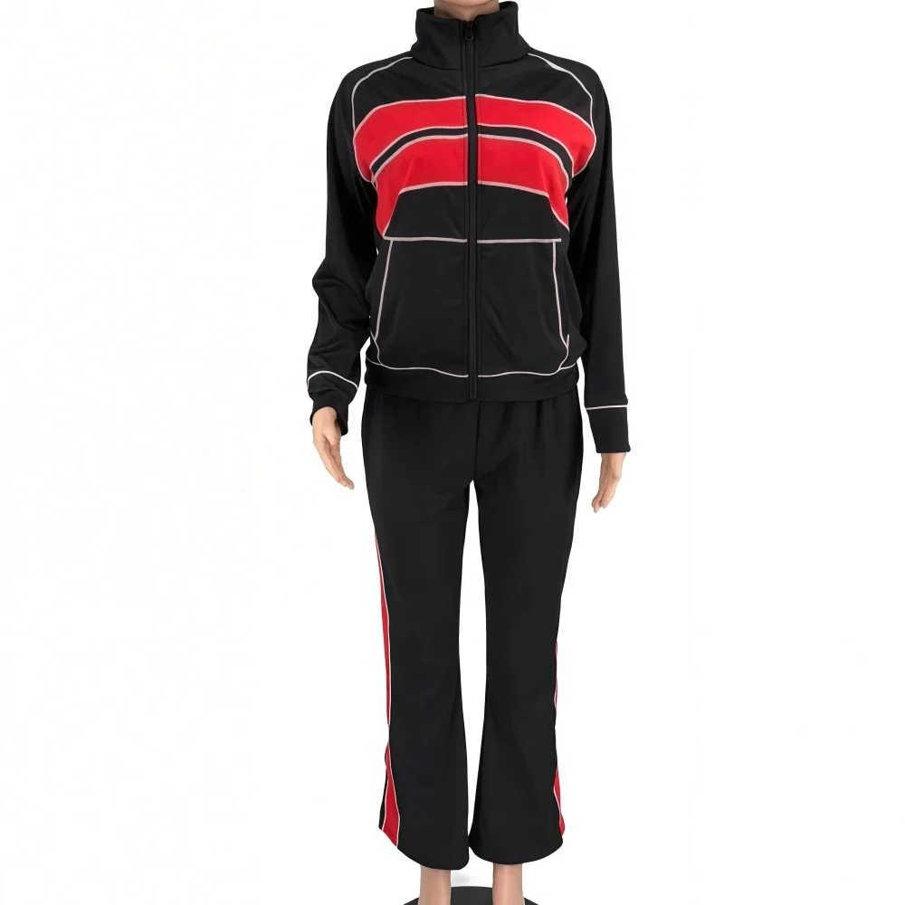 

Autumn New Fashion Sport Woman 2 Piece Set Outfit Stripe Patchwork Zipper Crop Jacket and Pants Tracksuits Streetwear