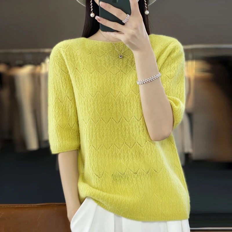 

Autumn/winter new cashmere sweater women's sweater 100% Merino wool fashion low neckline hollowed-out micro-permeable temperamen