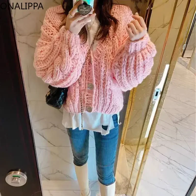 Onalippa Slouchy Style Sweet Knitted Cardigan Thick Needle Single Breasted Cropped Cardigans Korean Chic Design Sweater Women