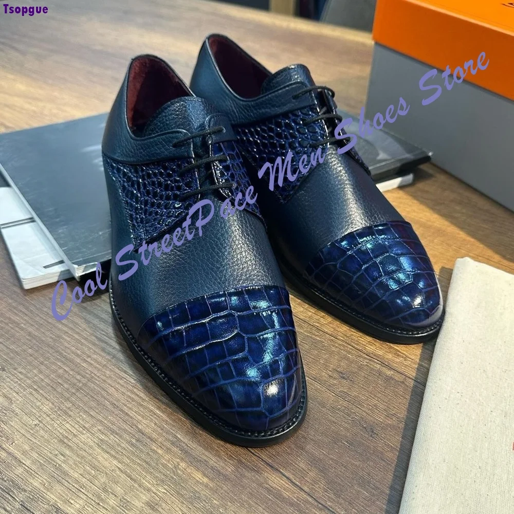 Men Navy Crocodile Print Dress Shoes Single Buckle Cap Toe Two Texture Spliced Vintage Handmade Formal Business Leather Shoes