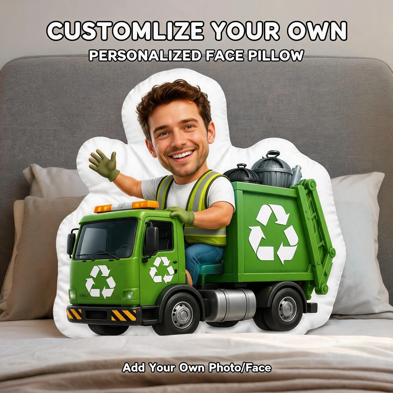 Custom Photo Shaped Pillow, Personalized Sanitation Worker And Green Truck Decorative Cushion, Unique Home Decor Accent for Sofa