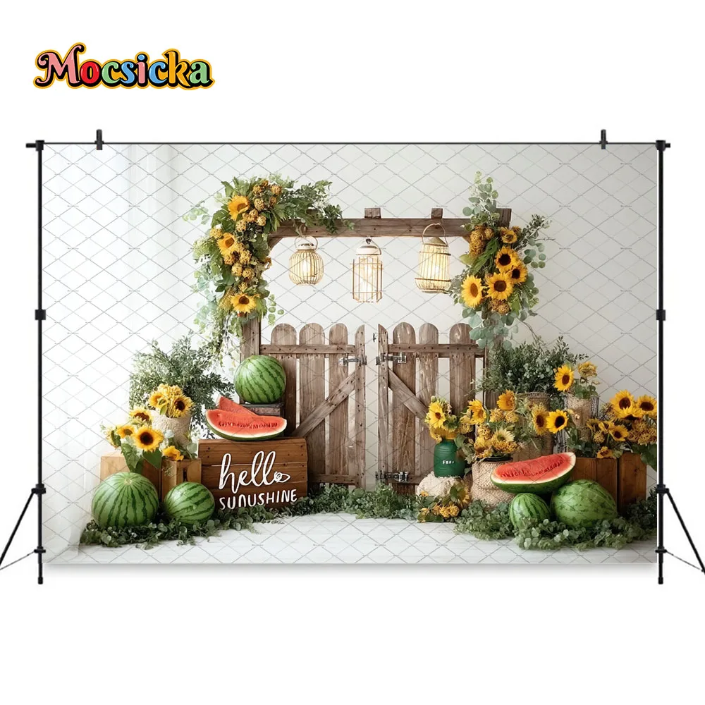 Mocsicka Summer Sunflower Watermelon Backdrop Photography Hello Sunshine Rustic Fence Greenery Background Kids Birthday Photo