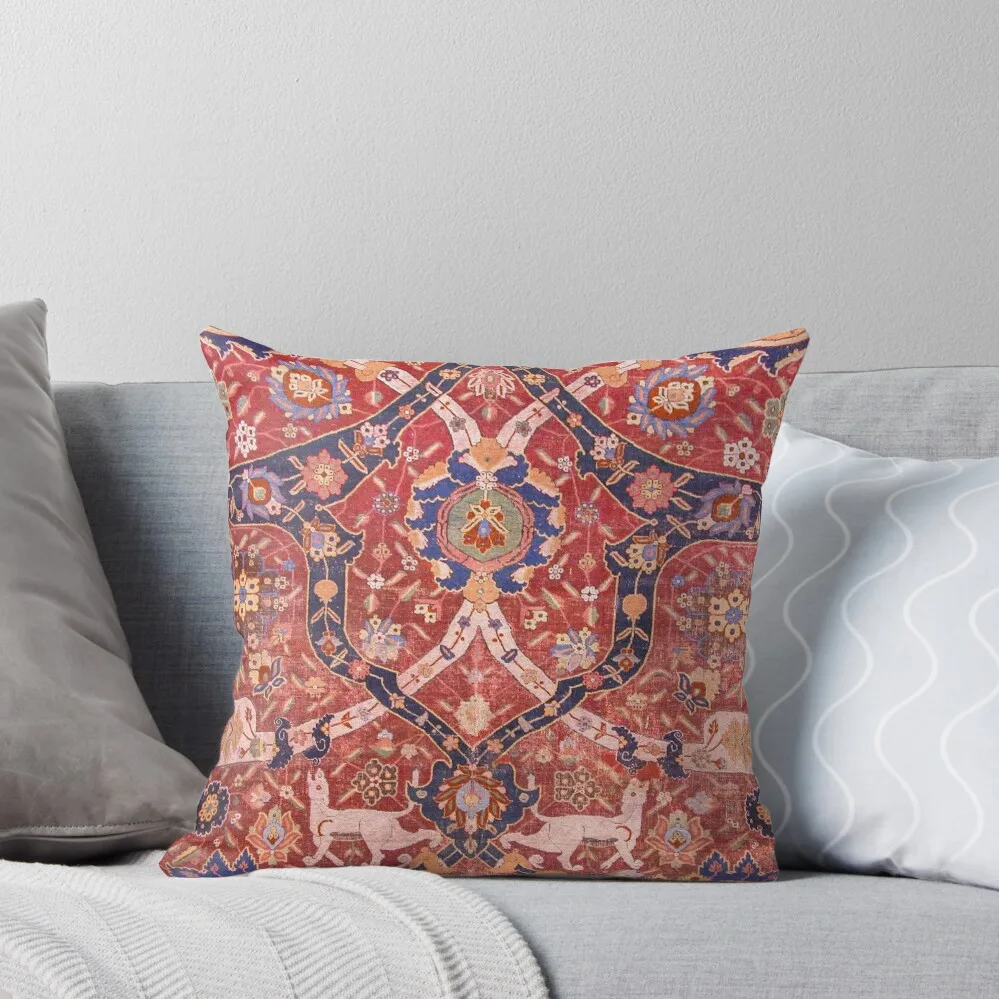 

Arabesque Floral Early 17th Century Rich Color Pallete Bold Interlaced Blue Bands Dragons Deer Lions Wild Creature Throw Pillow