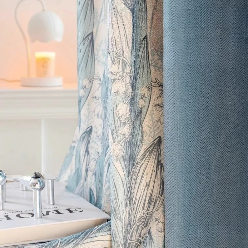 American Light Luxury High-end Blue Splicing Lace Curtains for Living Dining Room Bedroom New Blackout Modern Simple Chenille