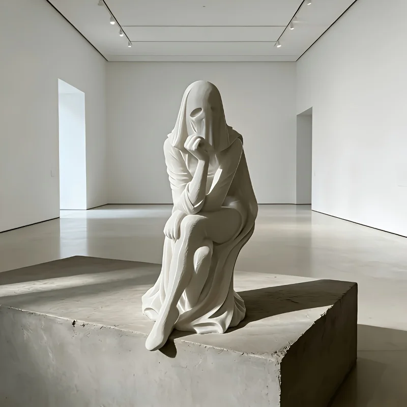 Faceless Cloaked Thinker Woman Figurines 3D Printed Surreal Sitting Lady Sculpture Minimalist Table Decor for Art Studio Gallery