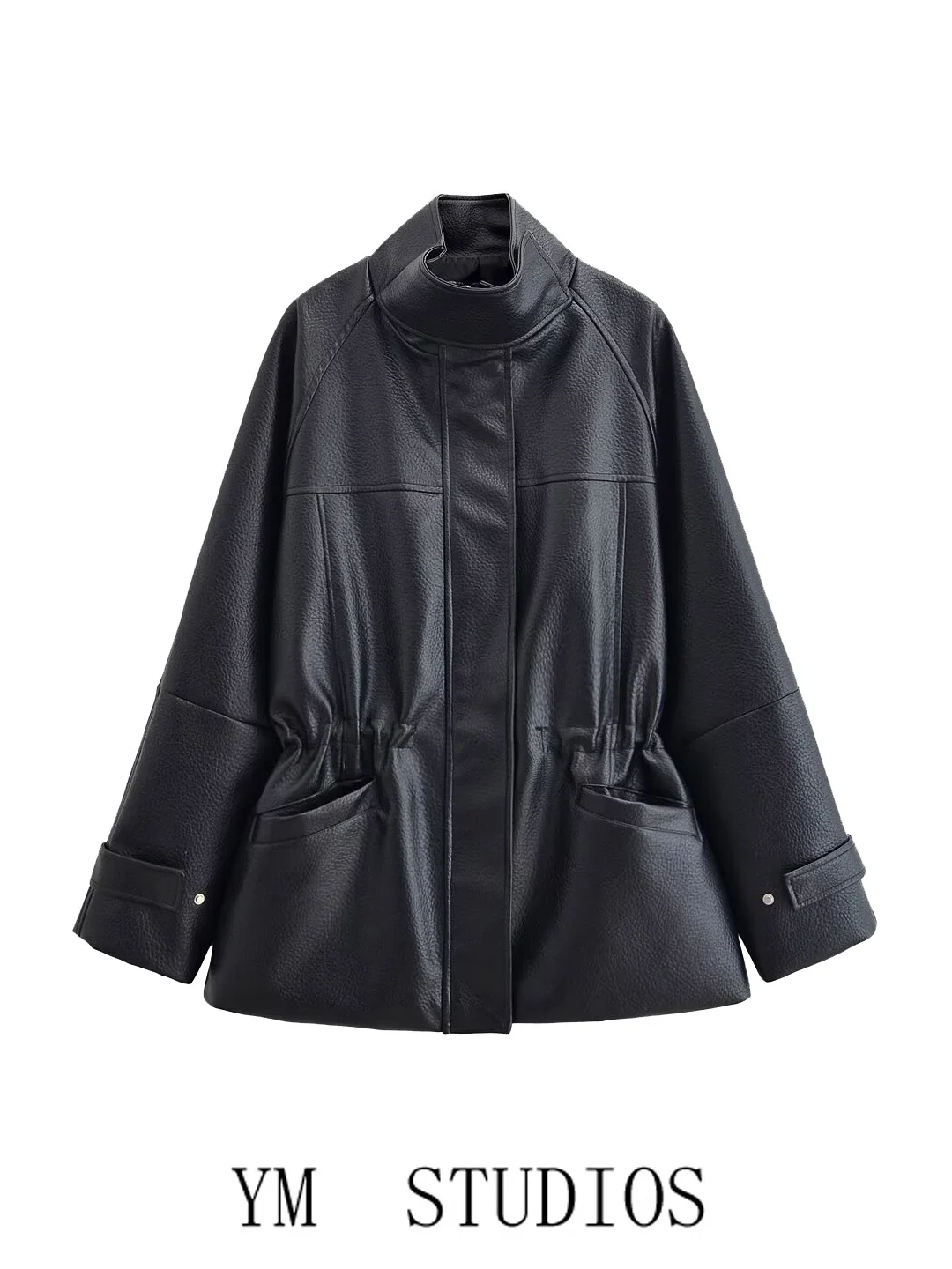 Women's American Style Long Jacket with Waist Cinching Drawstring Stand Collar Loose Fit PU Leather Coat Trendy Outerwear
