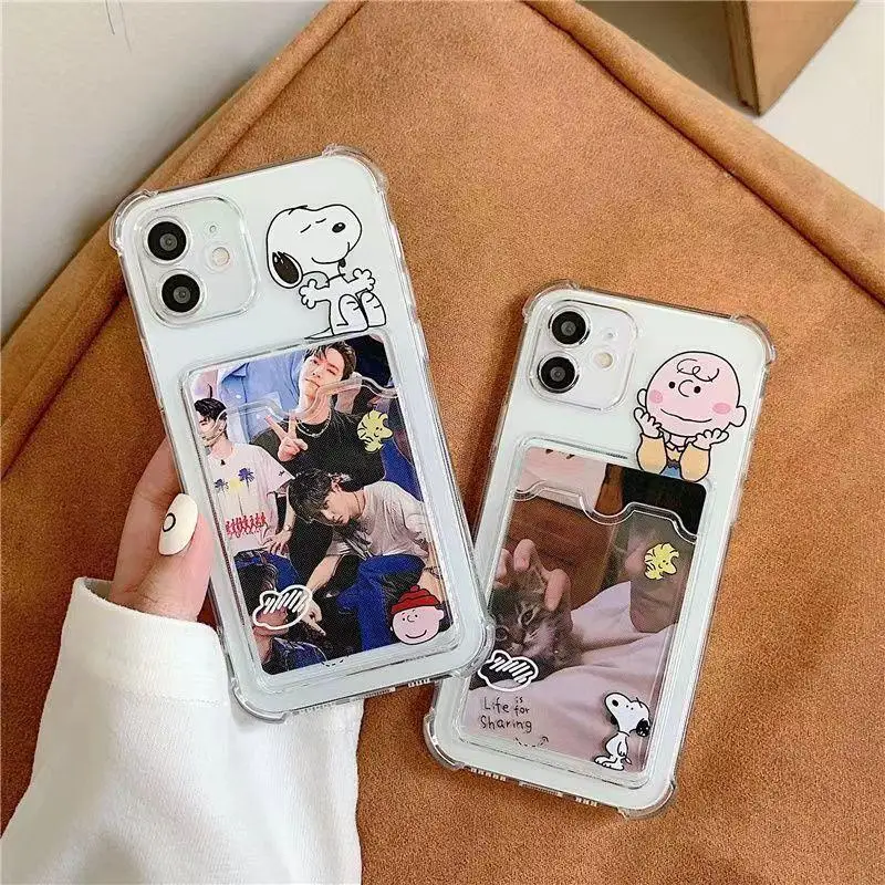 귀여운 스누피 애니메이션 만화 카드 슬롯 가방 홀더 케이스 삼성 갤럭시 S24 울트라 S22 S23 플러스 S21 울트라 S23 S20 FE 클리어 커버