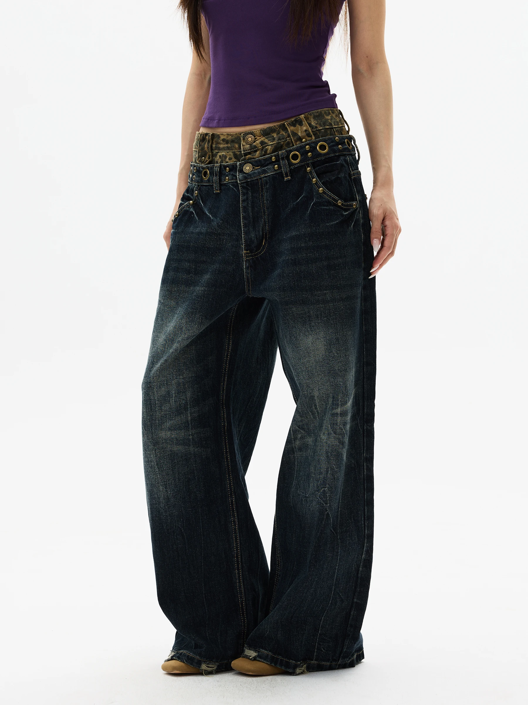 American Style Leopard Print Splicing Design Double Waist Jeans Men Women High Quality Pants Couple Long Trousers WLNEXT