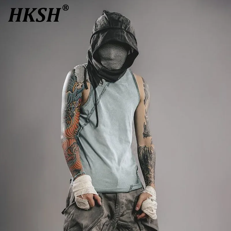 

HKSH Summer New Men's Tide Punk Irregular Vest Cropped Cat Beads Washing Retro Fashion Elastic Cotton Versatile Tank Tops HK1307