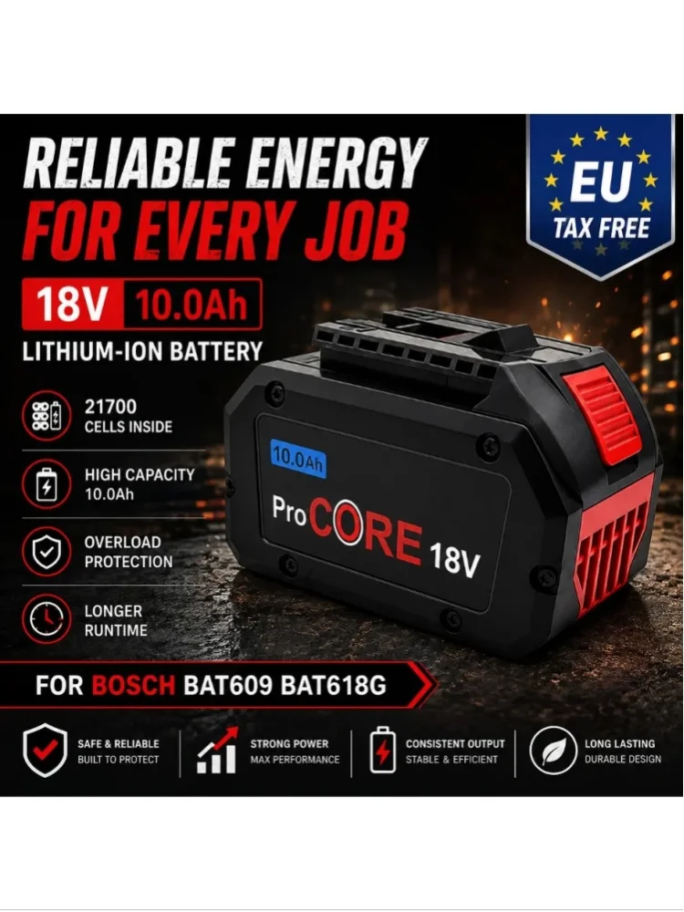 ProCORE Lithium-Ionen-Akku 18 V 10,0 Ah 21700 Zellen Ersatz für Bosch 18 V Professional System BAT609 BAT618 GBA18V80 Akku-Werkzeuge