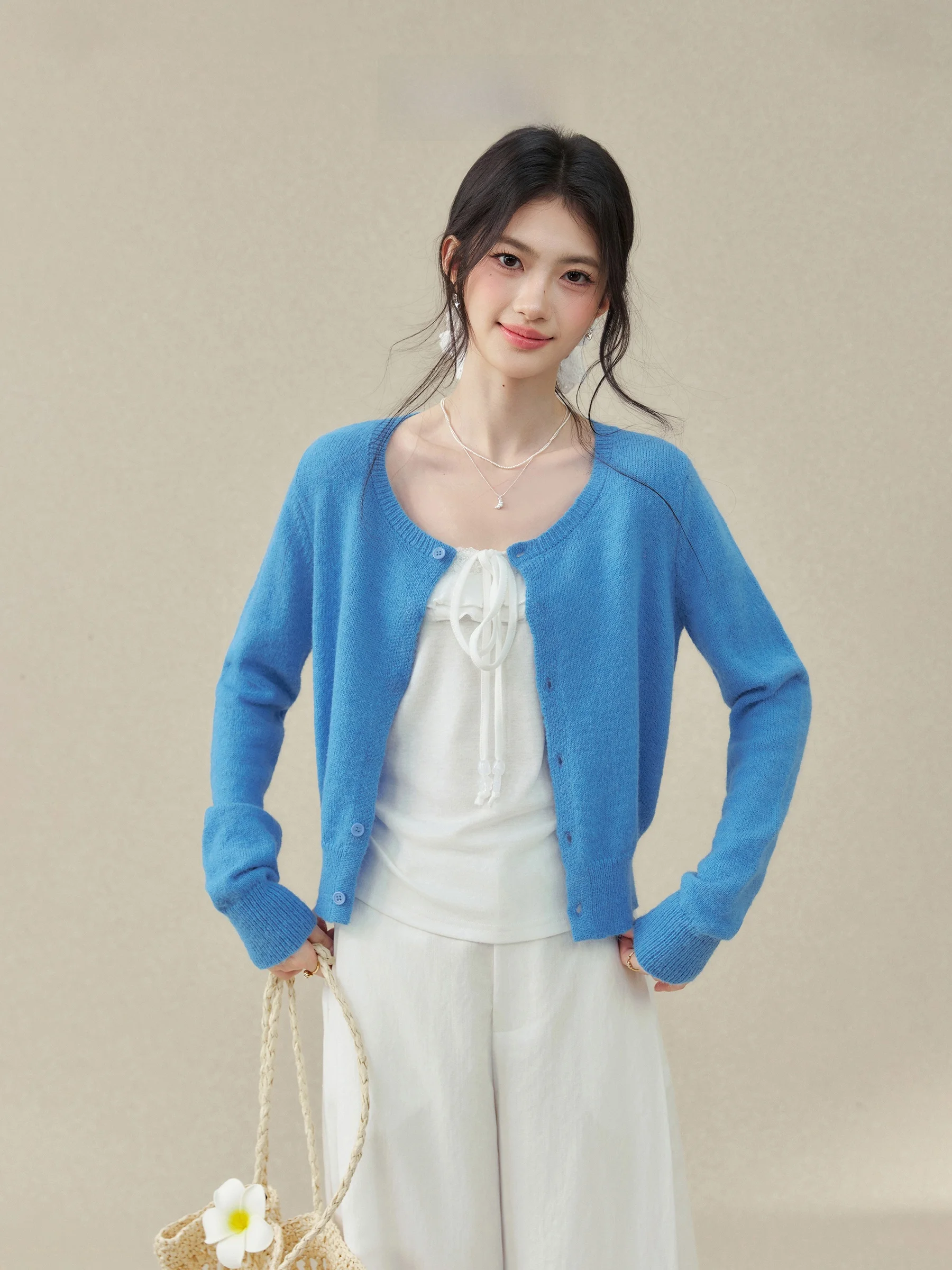 

Blue Knitted Open Cardigan Women's plus Size Single Button Spring Outerwear Lightweight Long Sve ort Length Knitwear