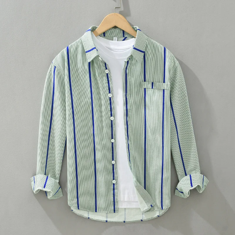 

Slimming Vertical Stripes Color Blo Pure Cotton Men's irt Spring 2024 Faionable Japanese Sle Retro irt