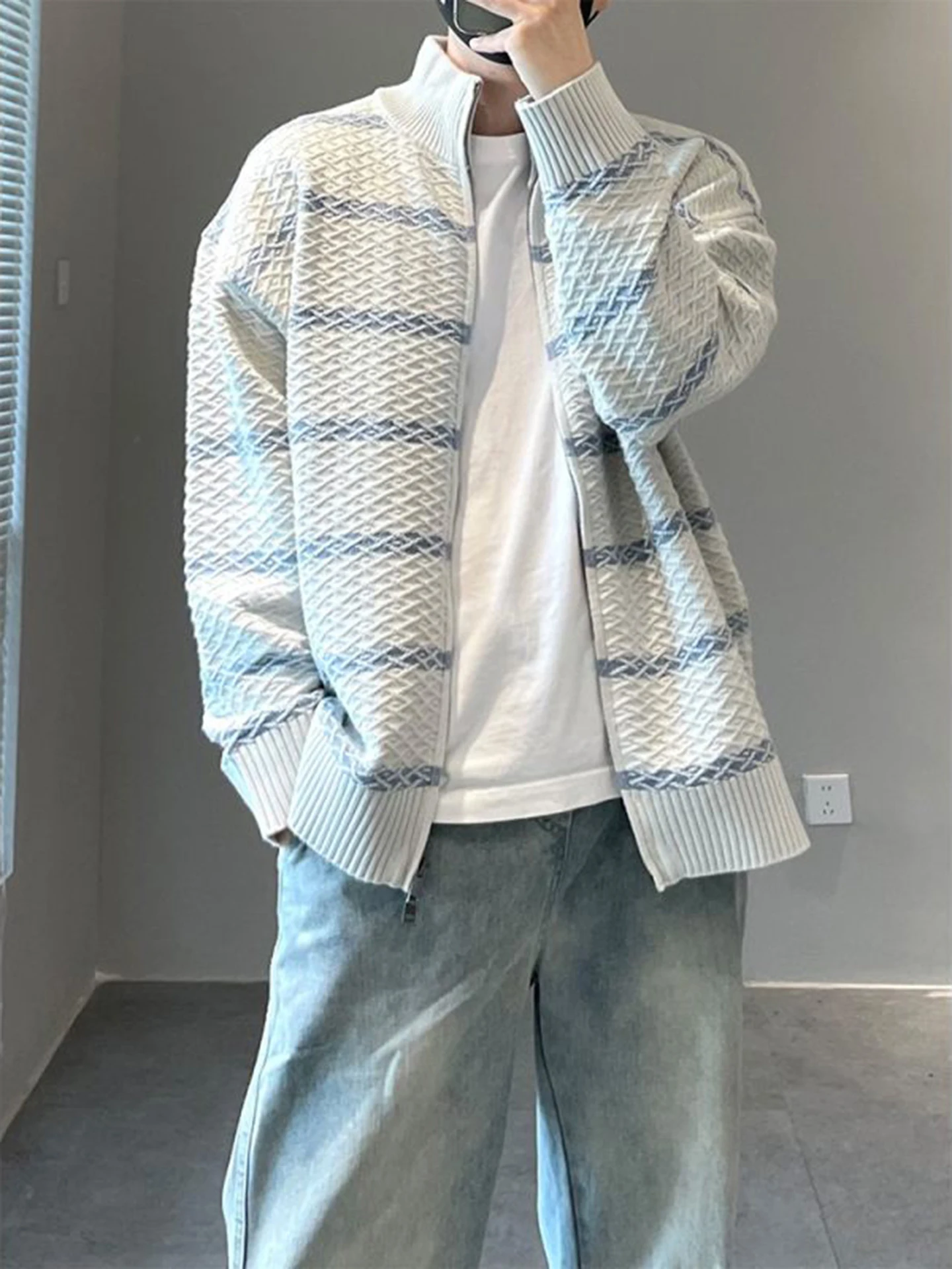 

Casual Striped Open Cardigan Sweater Men's Spring Autumn Faion Brand Haome Leisure Small Fraance Sle Jaet