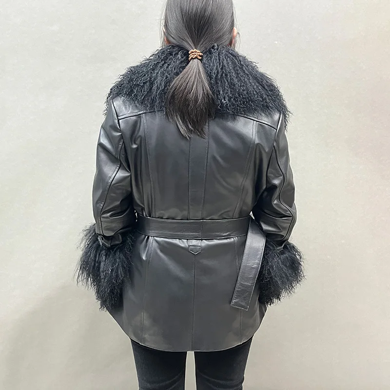 Lady Natural Mongolian Fur Leather Jacket Real Sheepskin Leather Detachable Collar Cuff Coat FG5435