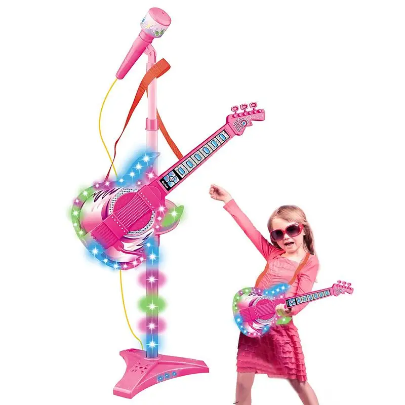 Kids Guitar and Microphone Set Musical Guitar Toy Guitar Toys With Music And Colorful Light Microphone With Adjustable Height