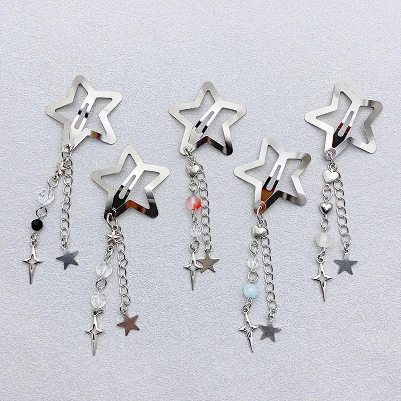 

Y2K Gothic Star Fringe Metal Hair Clip Women Accessory Punk Hairpin Beaded Tassel Hot Girl Hairpin 2pcs/pack Garment Accessories
