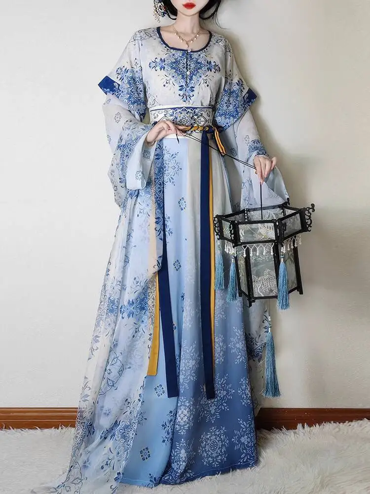 Retro Hanfu ชุดผู้หญิงจีน Tang สไตล์พอร์ซเลนสีฟ้าและสีขาวรอบคอ Elegant Daily สไตล์คอสเพลย์ Fairy Hanfu ชุด