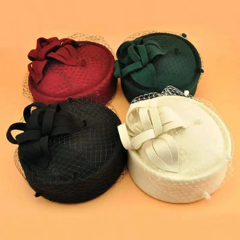 Wind  Hat Women's Autumn and Winter Light Luxury Mesh Stewardess Hat Woolen Celebrity Elegant Versatile Solid Color Top Hat