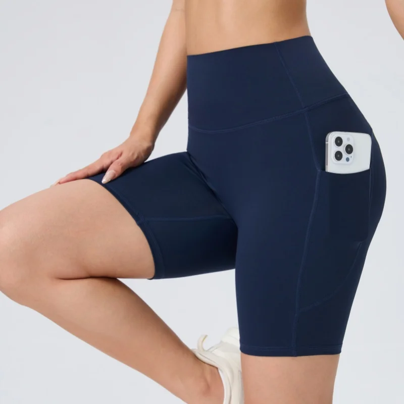 Women High Elasticity Yoga Shorts Comfortable Fitting Sport Pants Solid Color with Pocket Suitable for Yoga Running and Sports