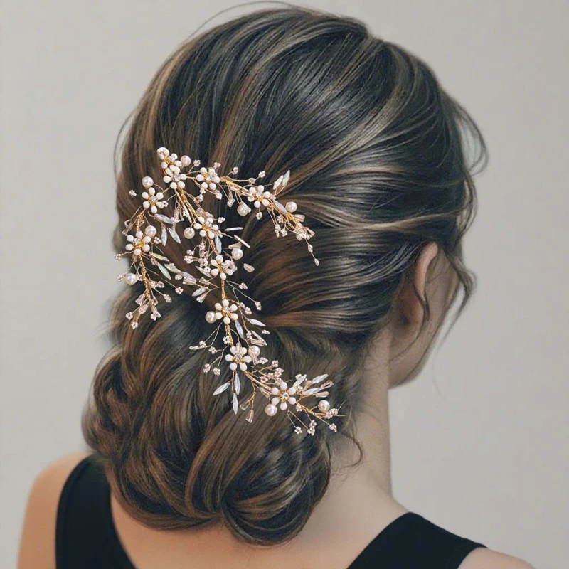 handmade gold color flower bridal headpiece opal pearl vine for women wedding hair clip accessories