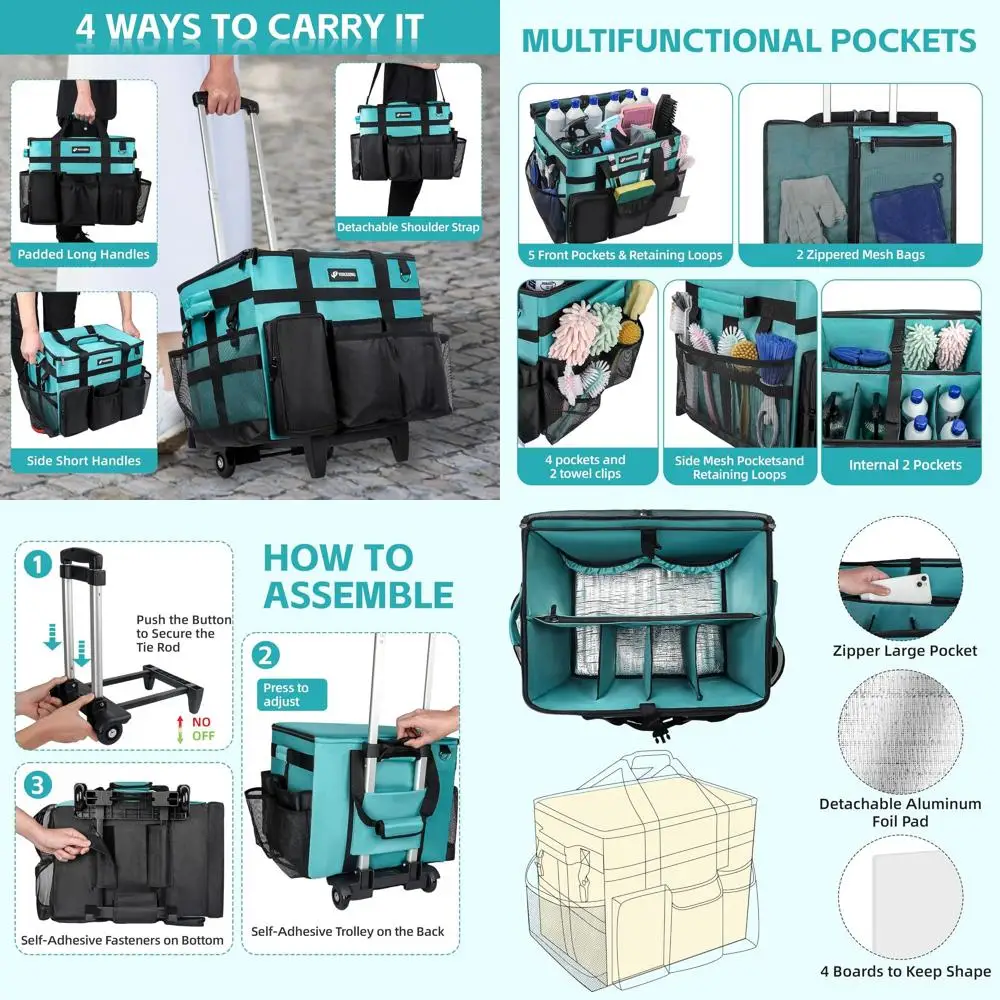 Large Detachable Trolley Cleaning Cart with Shoulder Strap Bags for Housekeepers, Multi-Pocket Storage, Amber Green