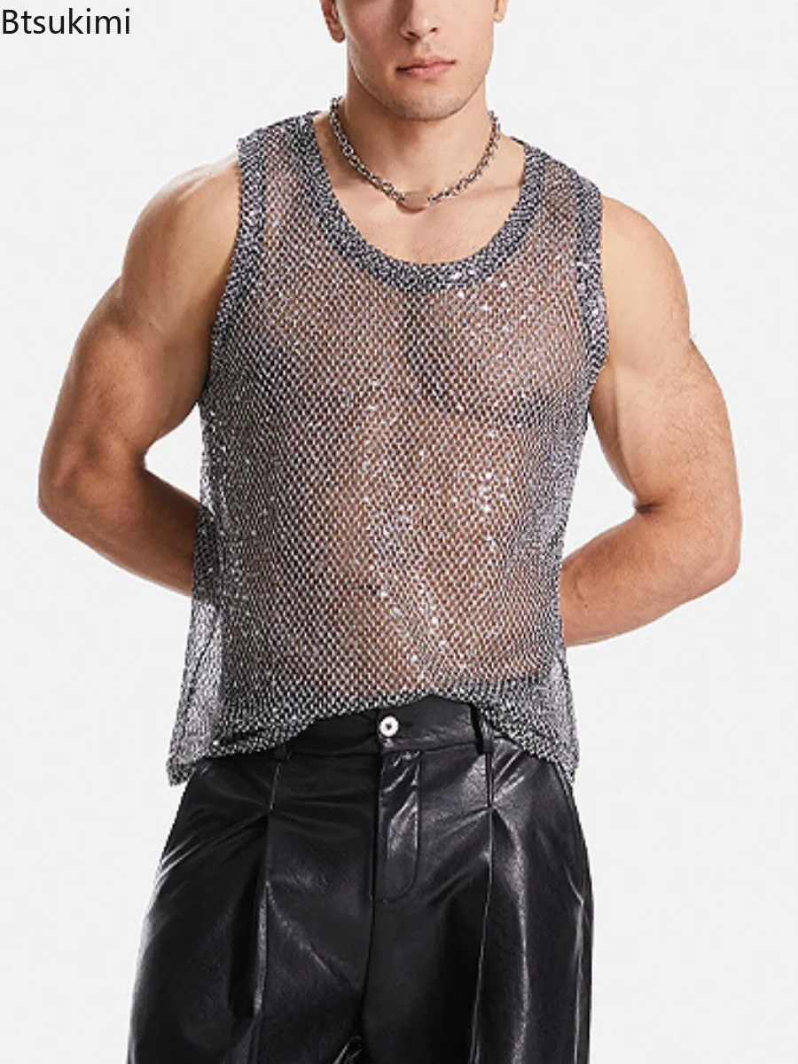 Sexy Men\'s Hollow Out Mesh Tank Tops Fashion Sequin Woven Casual Sleeveless Vest Tops 2024 See Through Streetwear Male Waistcoat