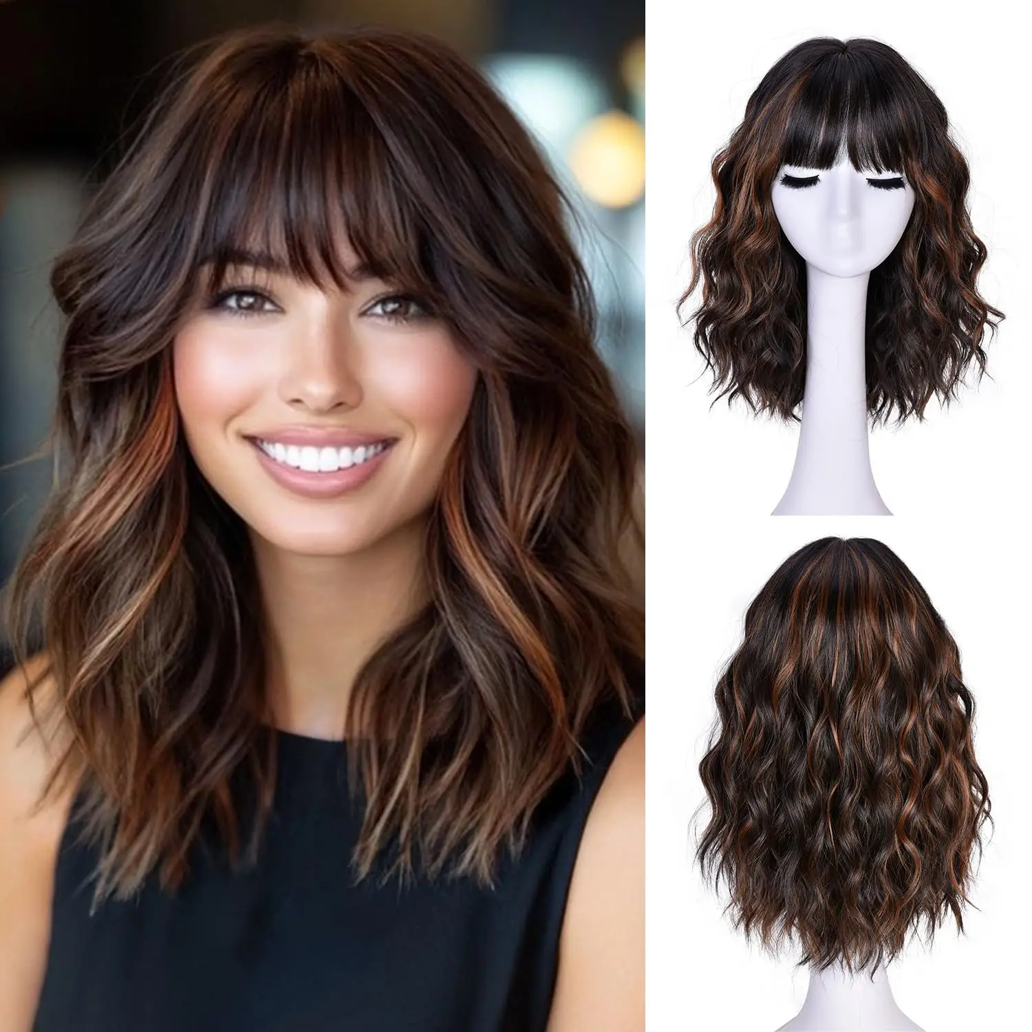 

JOVIA Short Brown Highlight Bob Wigs With Bangs Natural Wavy Hair Wigs For White Women Heat Resistant Synthetic Shoulder Length