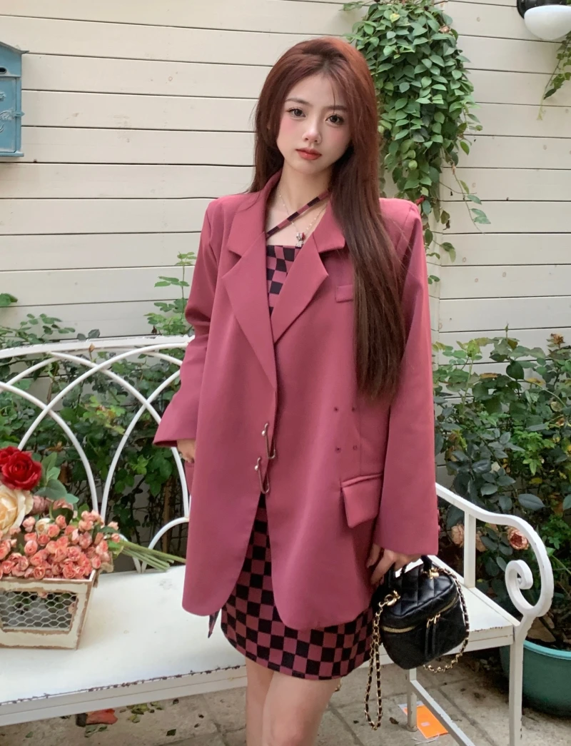 Women's French Style Short Buckle Blazer Plaid Suspender Dress Set Retro Loose Fitting Suit Print Suspender Dress Two-piece Set