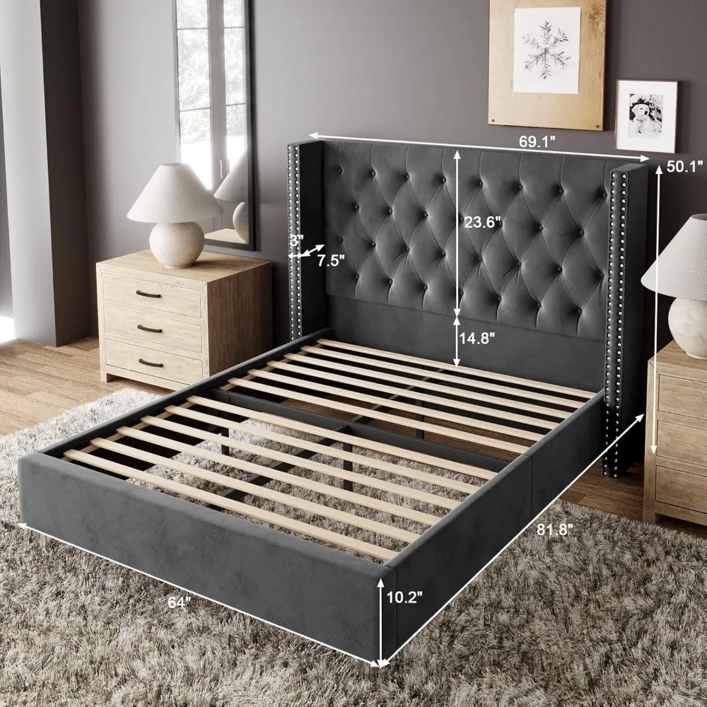 Queen Bed Frame ,Upholstered Bed Wingback Headboard Velvet Tufted Diamond Button,No Box Spring Needed,bedroom furniture. image 6